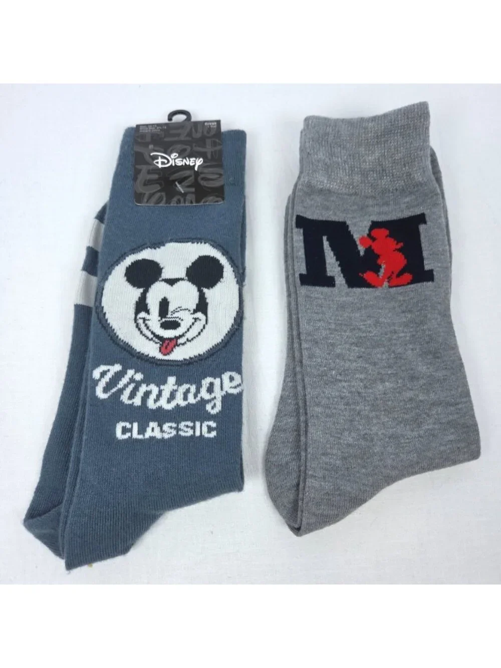 Disney Mickey Mouse Novelty Crew Socks Set (1-NWT Blue, 1-NWOT Gray) Size 10-13